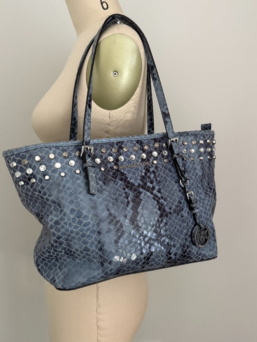 Michael Kors Jet Set Blue Snake Embossed Rhinestone Studded Bag Edgy Glam Y2K